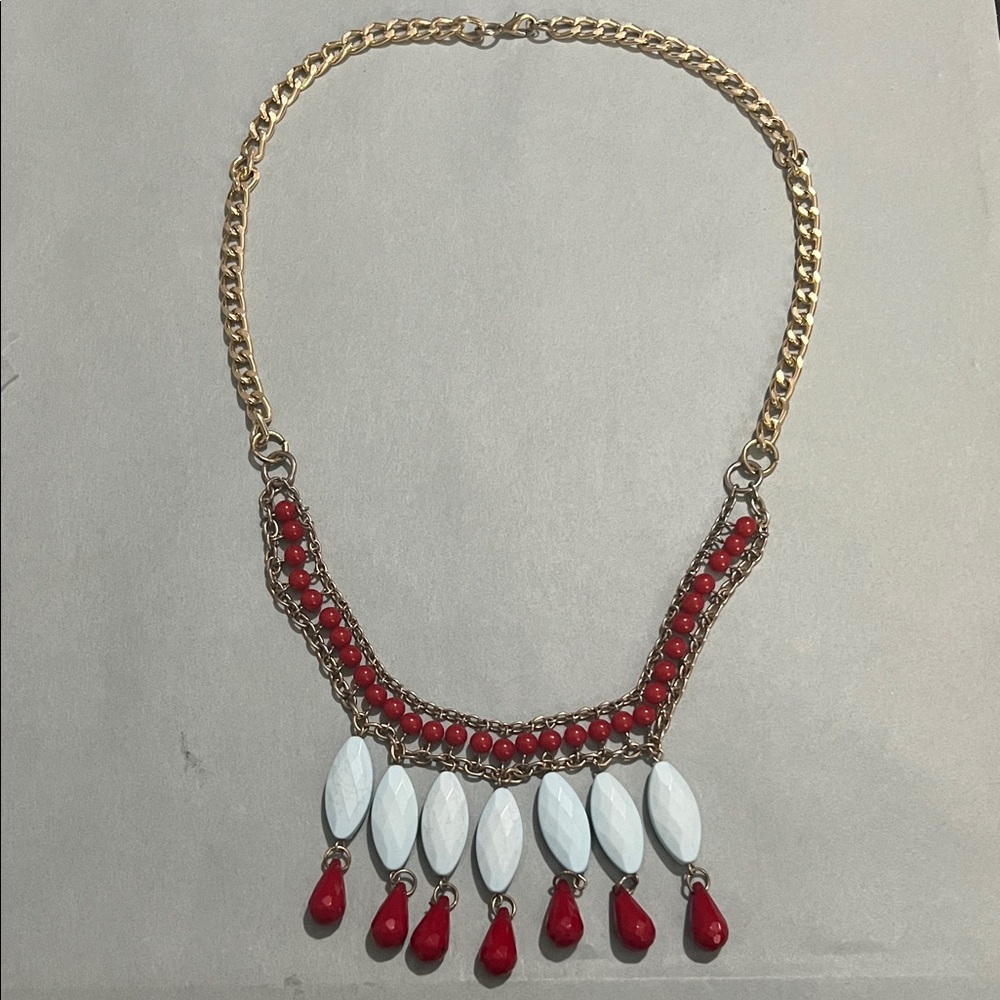 24” Elegant, Lightweight Gold tone Necklace with Pale Blue and Red Acrylic Beads